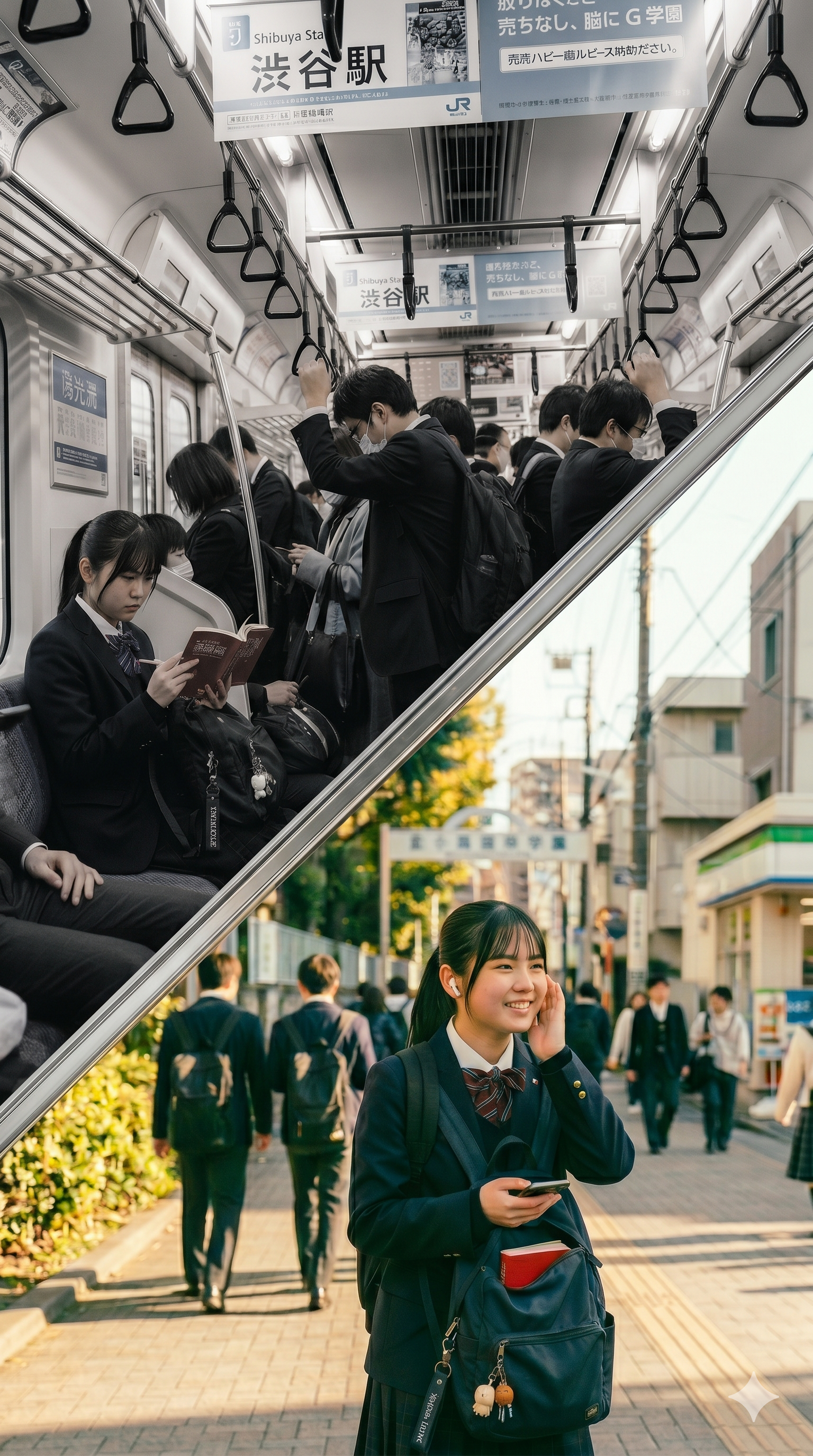 地下鉄で単語帳を見つめる高校生と、明るく未来を見つめる高校生